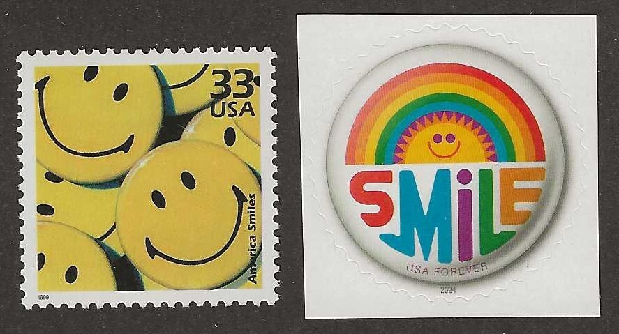SMILE - 2 U.S. POSTAGE STAMPS - PINBACK BUTTONS - MINT CONDITION