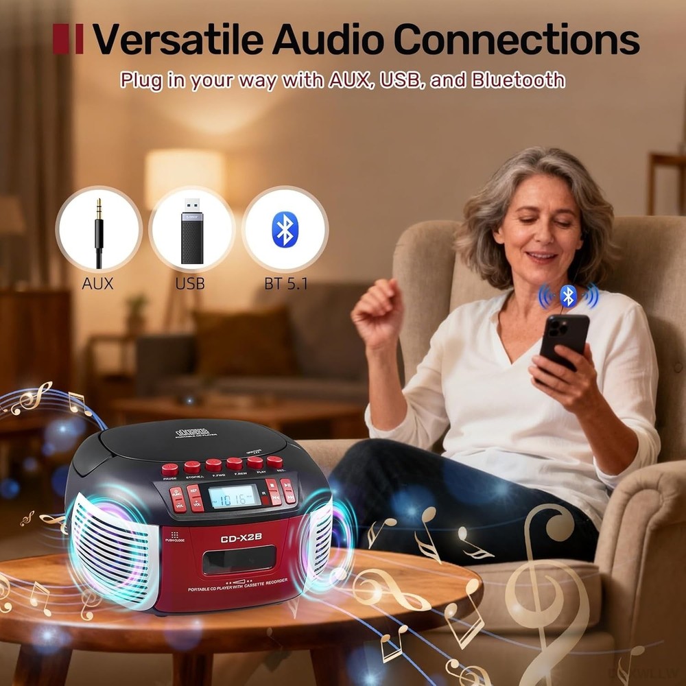 Versatile Boombox: CD & Cassette Player with Bluetooth, USB, and Remote Control