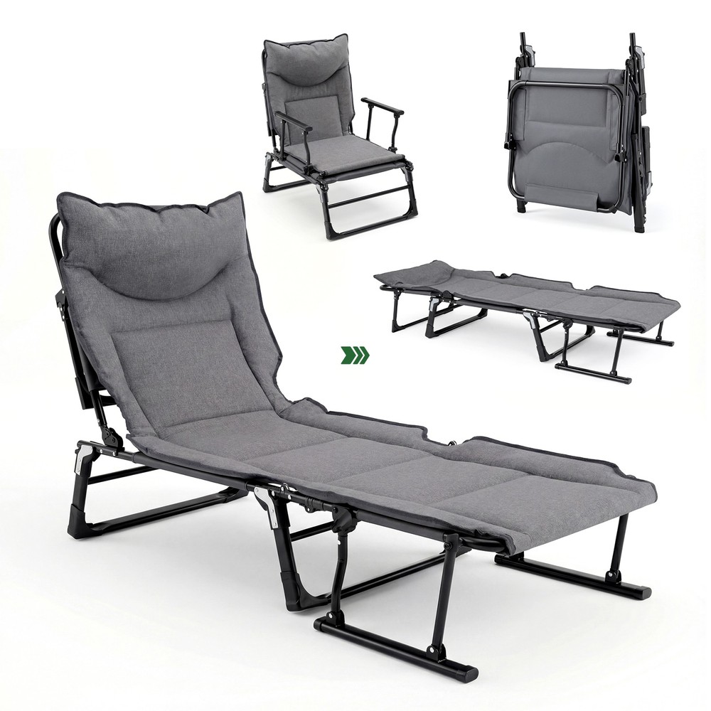 Folding Camping Cot w/Mattress 6 Backrest Positions Head Pillow Foldable Armrest