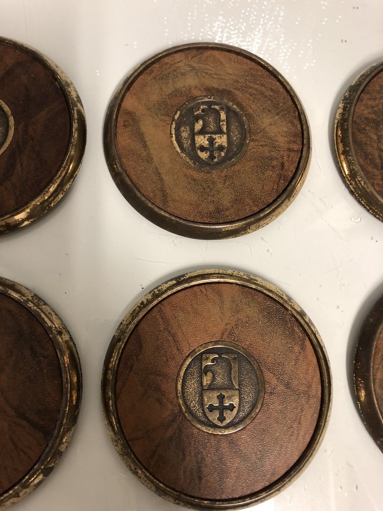 Vintage BTS Solid Brass and Leather 7 pc Coaster Set Eagle Knights logo Mancave