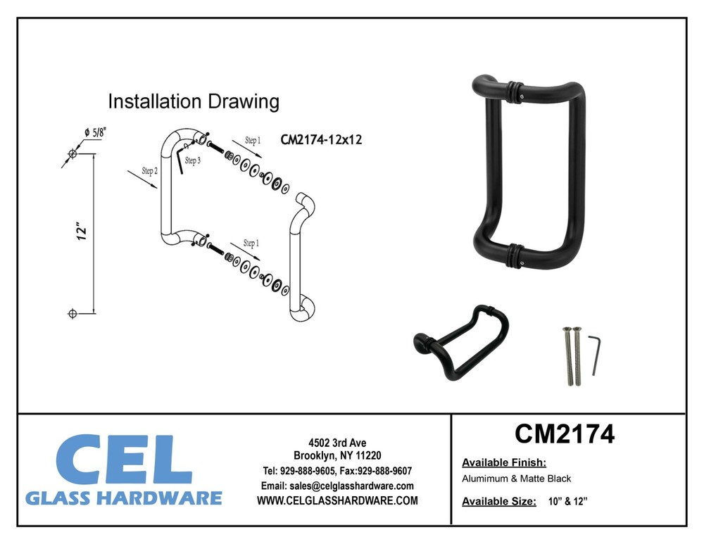 CEL 12" Solid Aluminum Straight Back to Back Pull Handles for Entry Door
