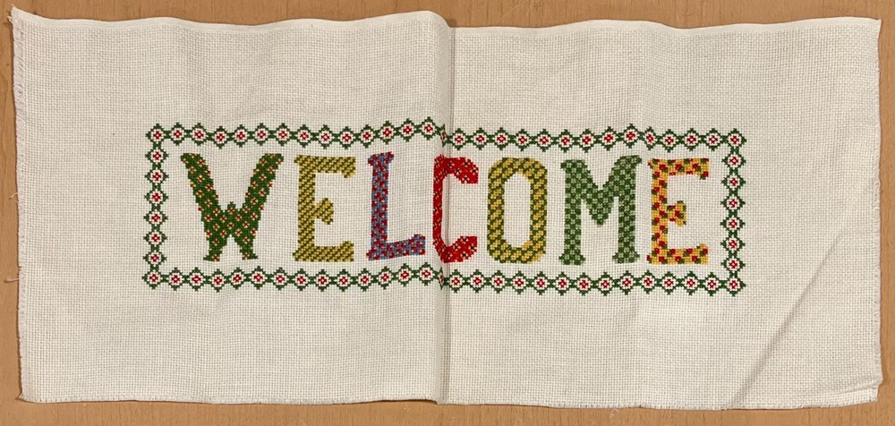 Handmade Cross Stitch WELCOME Finished Completed  Sampler Multicolor 18.5" x 8"