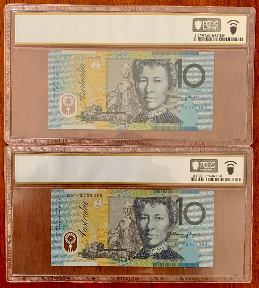 2015 $10 STEVENS & FRASER (DF15) LAST PREFIX CONSECUTIVE PAIR NOTES PCGS 66 & 67