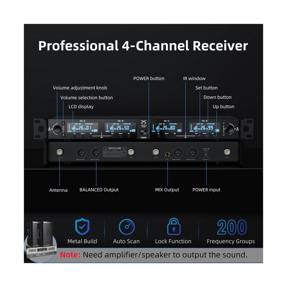 4-Channel Wireless Microphone System, 4 Handheld Dynamic Mic, 200 UHF Frequen...