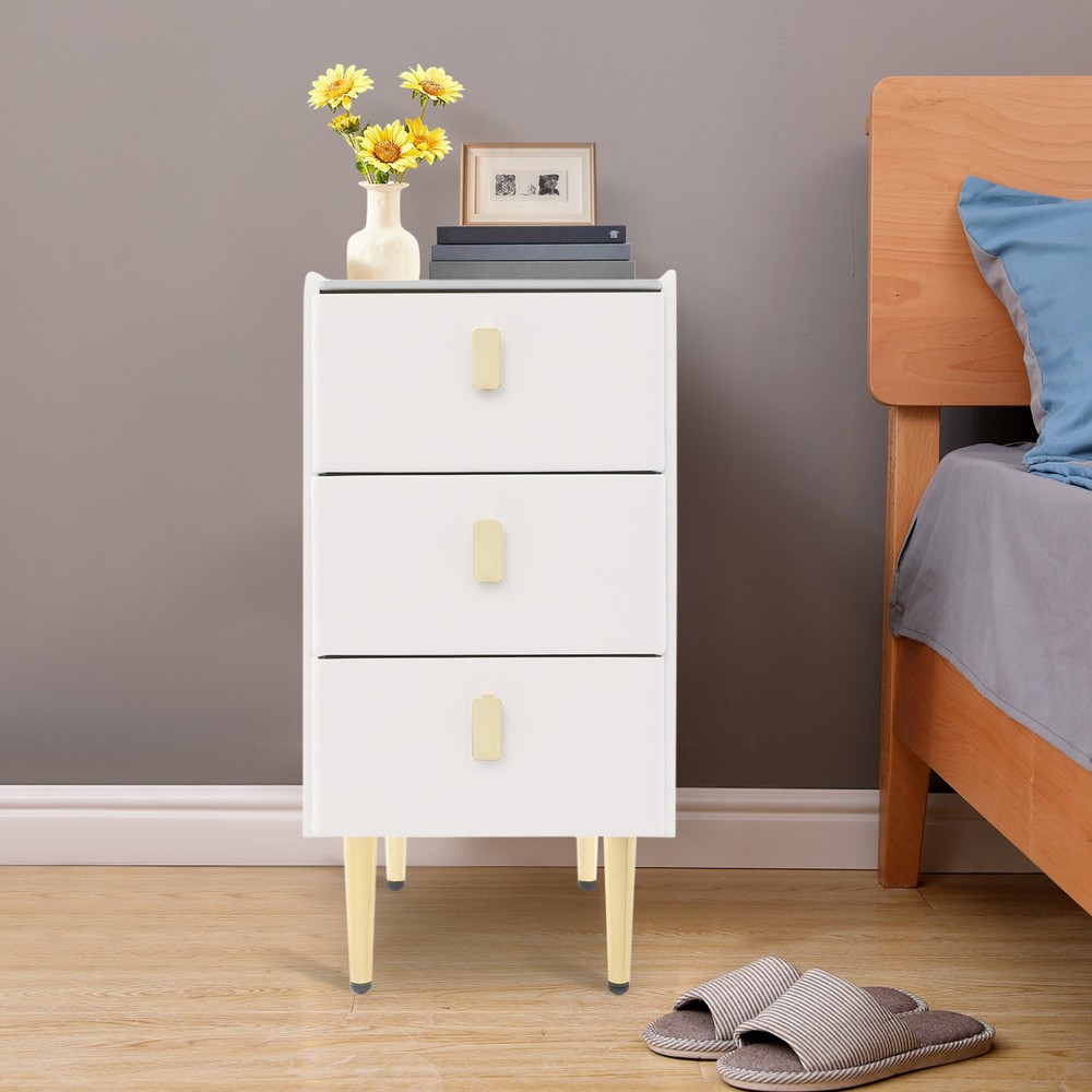 3 Drawer Narrow Side Table - Leather & Wood, Titanium-plated, Rectangular Modern