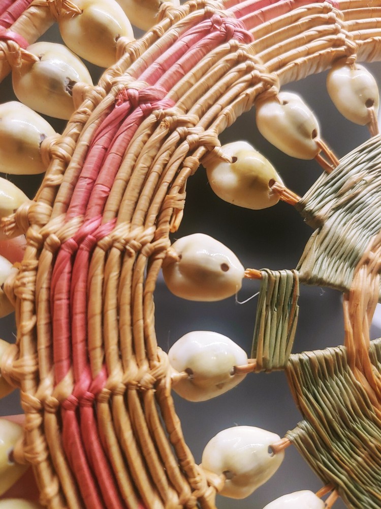 Handwoven seagrass and shell breadbasket, 12", 1970s style,