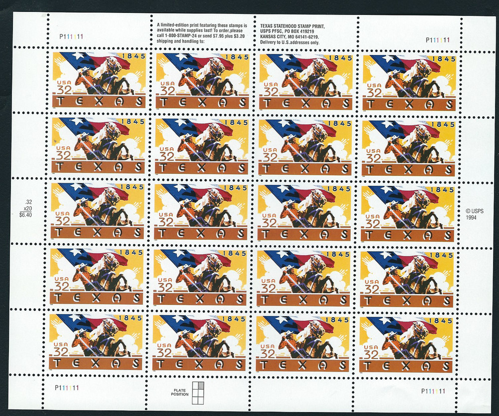 Scott # 2968...32 Cent... Texas...Sheet of 20