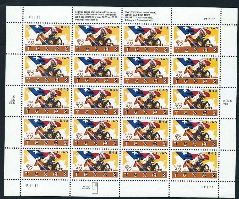 Scott # 2968...32 Cent... Texas...Sheet of 20