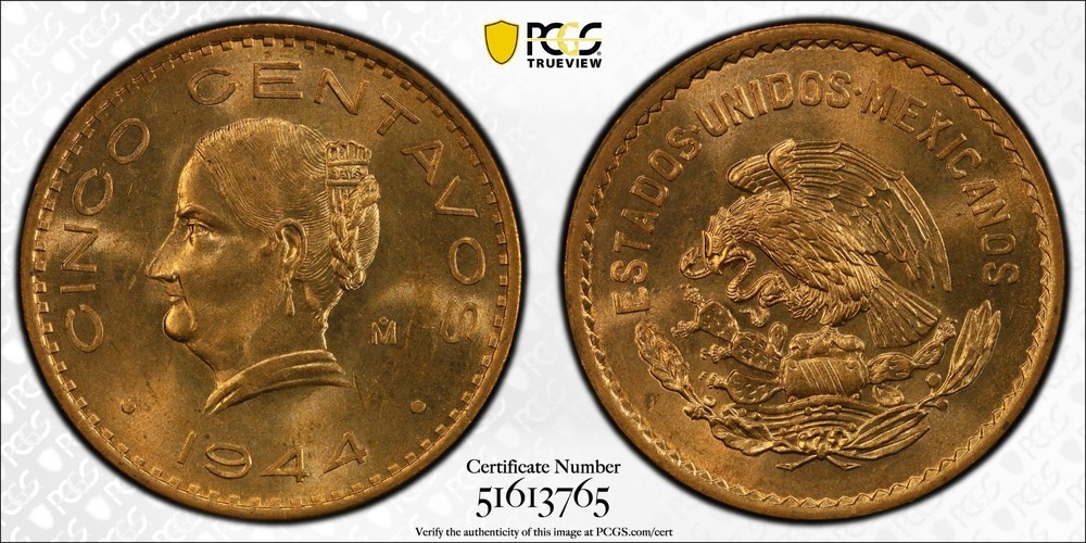 1944-Mo Mexico 5 Centavos Copper PCGS MS65RD - Original Lustrous Blast Red!!!