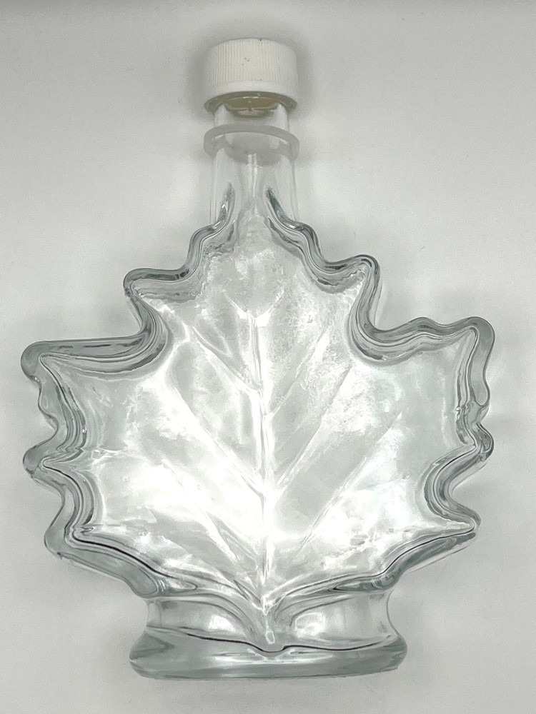 Maple Leaf Shape Clear Glass Syrup Bottle w/Top Cap Lid Front Embossed Jar Empty
