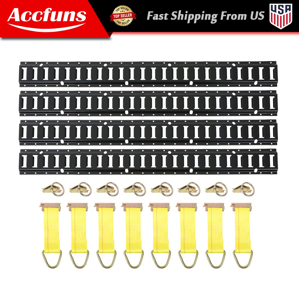 Universal 4' E-Track Tie Down System 24PC Kit Durable Carbon Steel Black