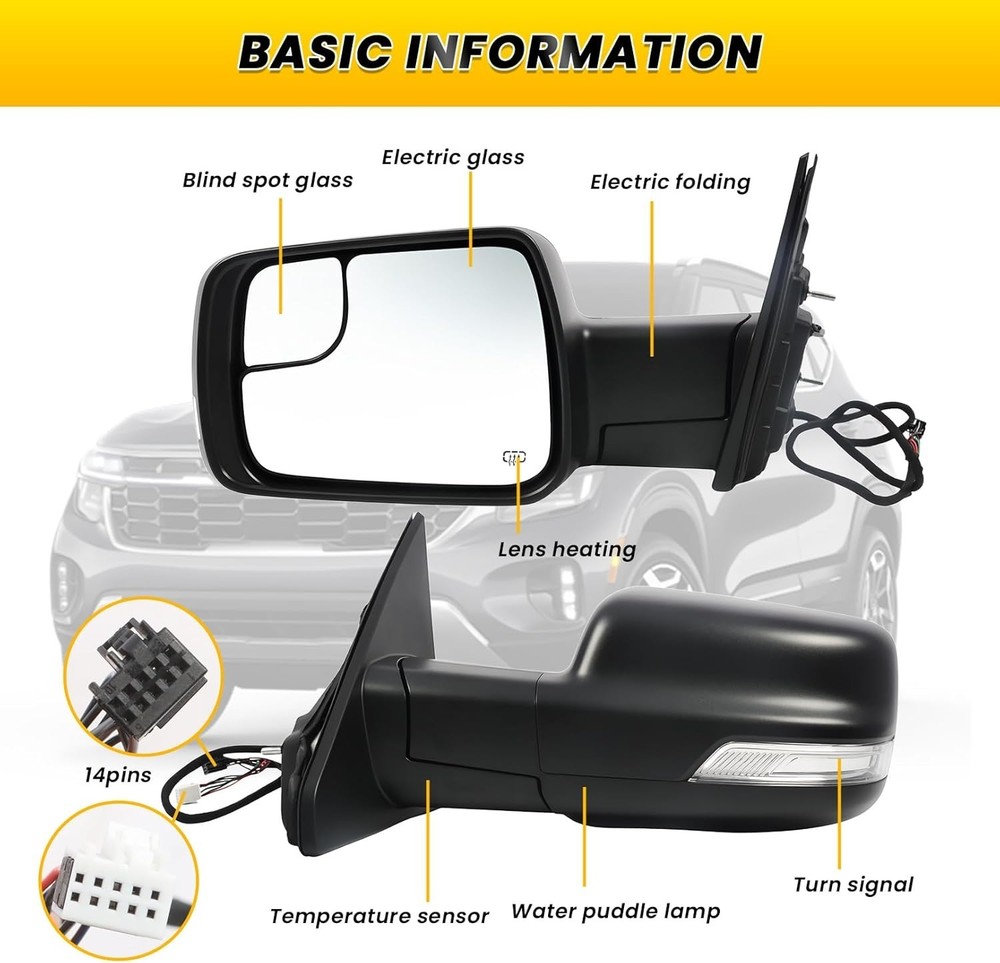 Left Driver Side Mirror Assembly Compatible with Ram 1500 2019-2025 Power Foldin