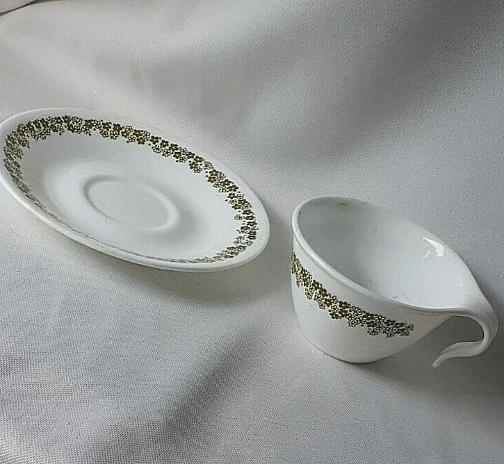 Corelle Corning Green Spring Blossom Flat Cup & Saucer Stackable Hook Handle