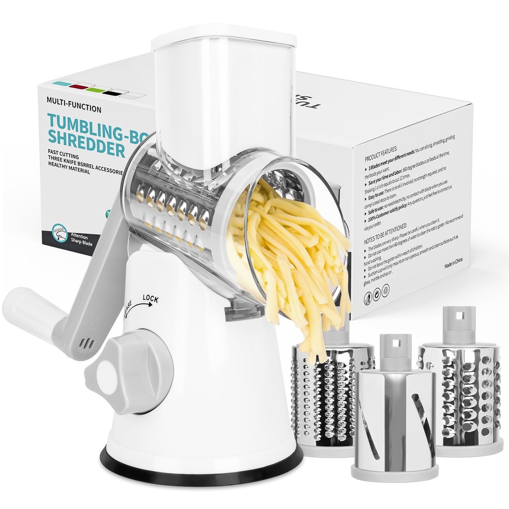 X Home Rotary Cheese Grater for Kitchen, Shredder with 3 Interchangeable Blad...