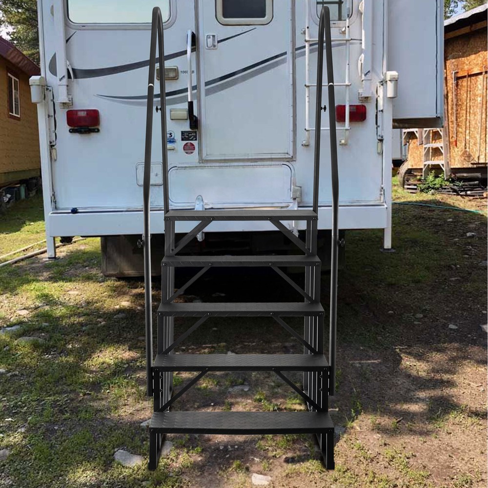 5-Step Ladder RV Steps w/ Handrails Mobile Home Stairs for Travel Trailer Camper