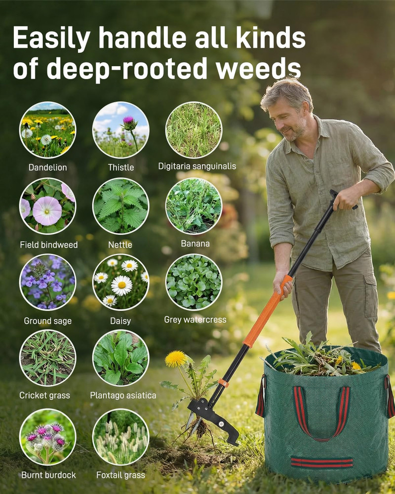 Stand up Weed Puller Tool with 36-46 Inch Adjustable Long Handle and 50L Garden