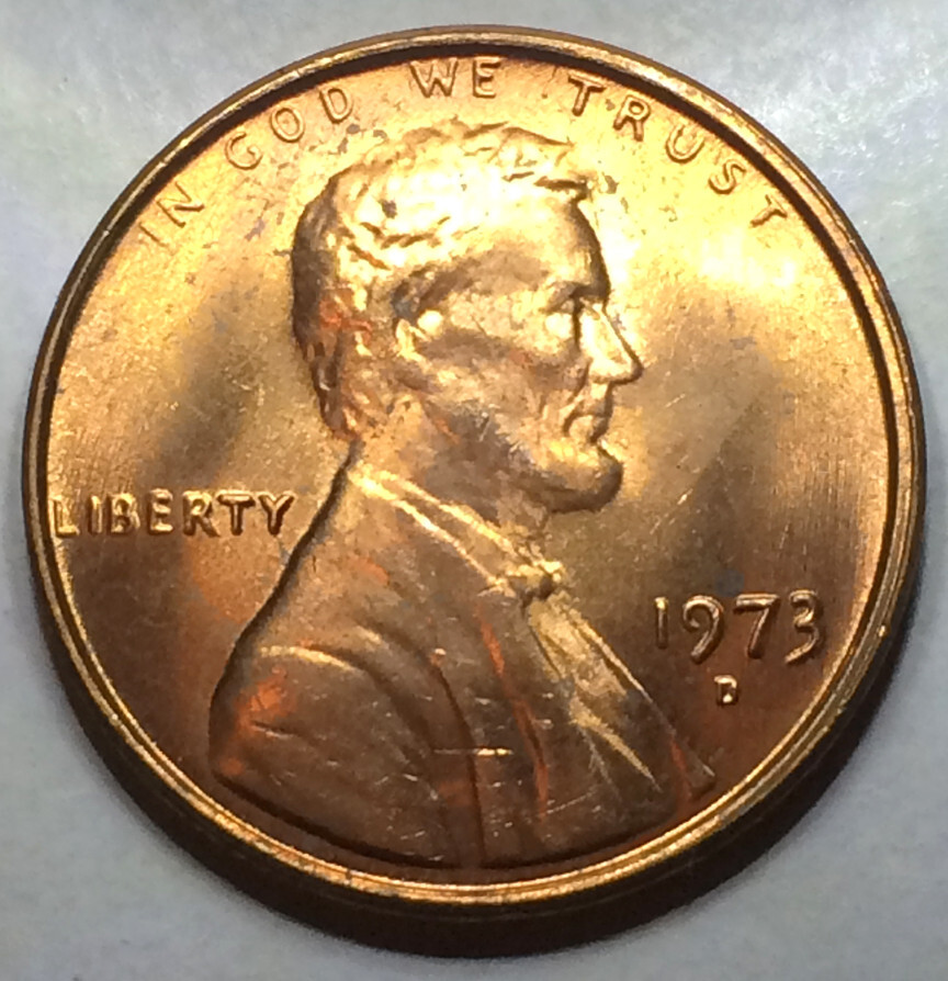 1973 D Lincoln Cent BU RB, Mostly Red (Spotty)- Spike Head- Unlisted