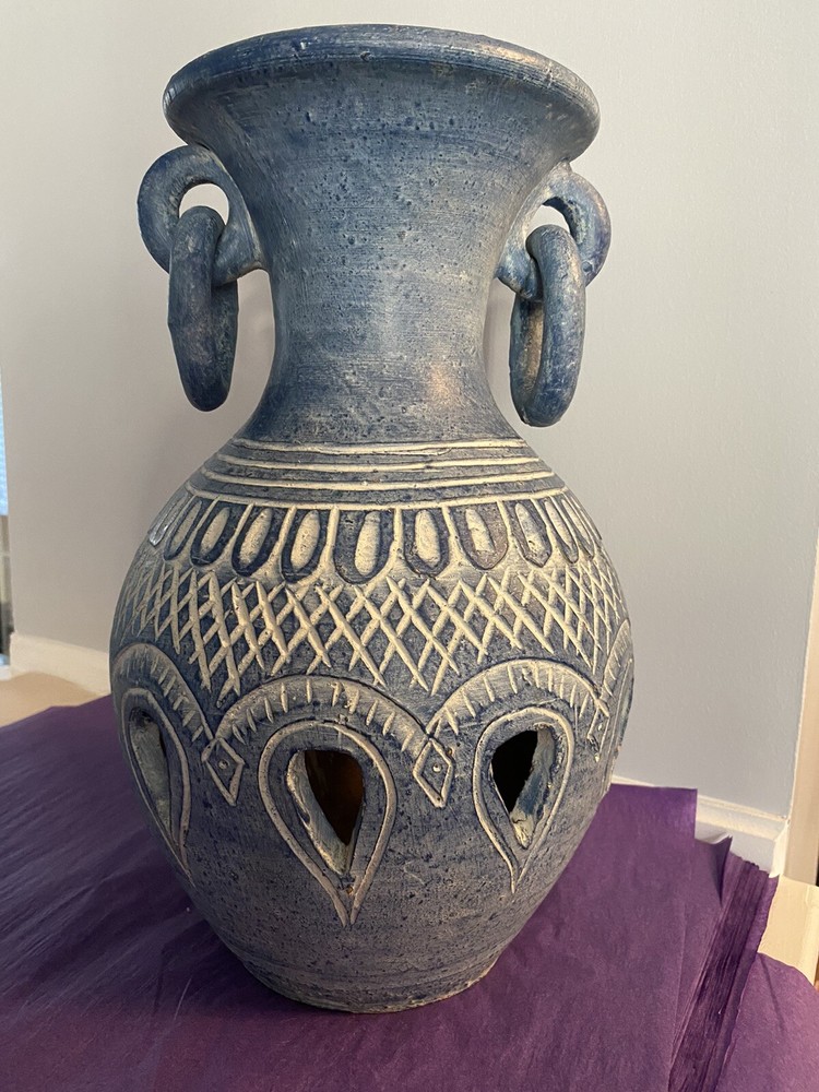 Decorative Clay Vase.  Large blue with white accent Vase with Ring handles.  