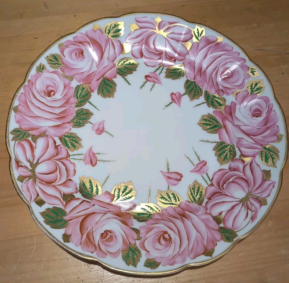 Handpainted SAXE Large 13" Serving Platter Pink Roses Gold Trim Germany Numbered