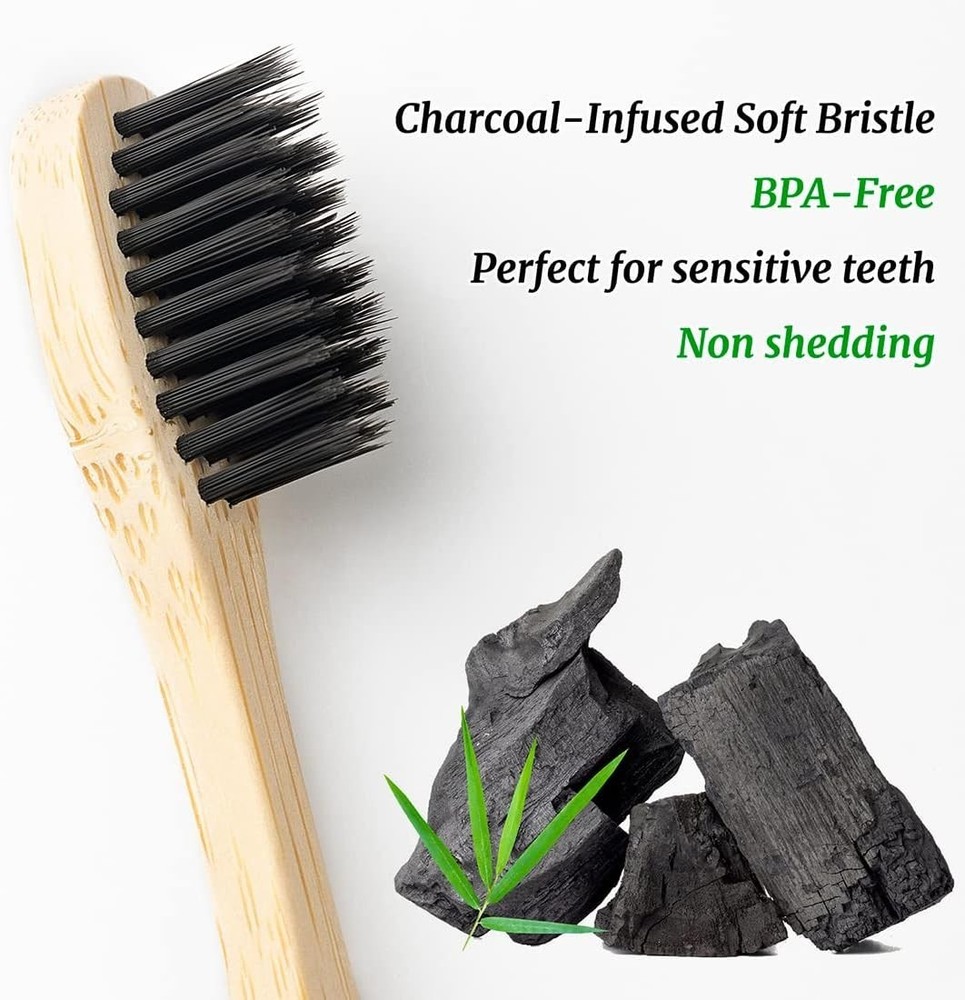 10 Pack Bamboo Toothbrushes - Soft Charcoal Bristles, Eco-Friendly & Biodegra...