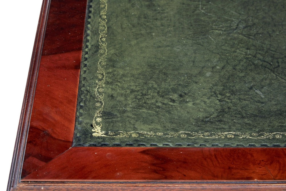 WALNUT AND BURR LEATHER TOP PEDESTAL DESK