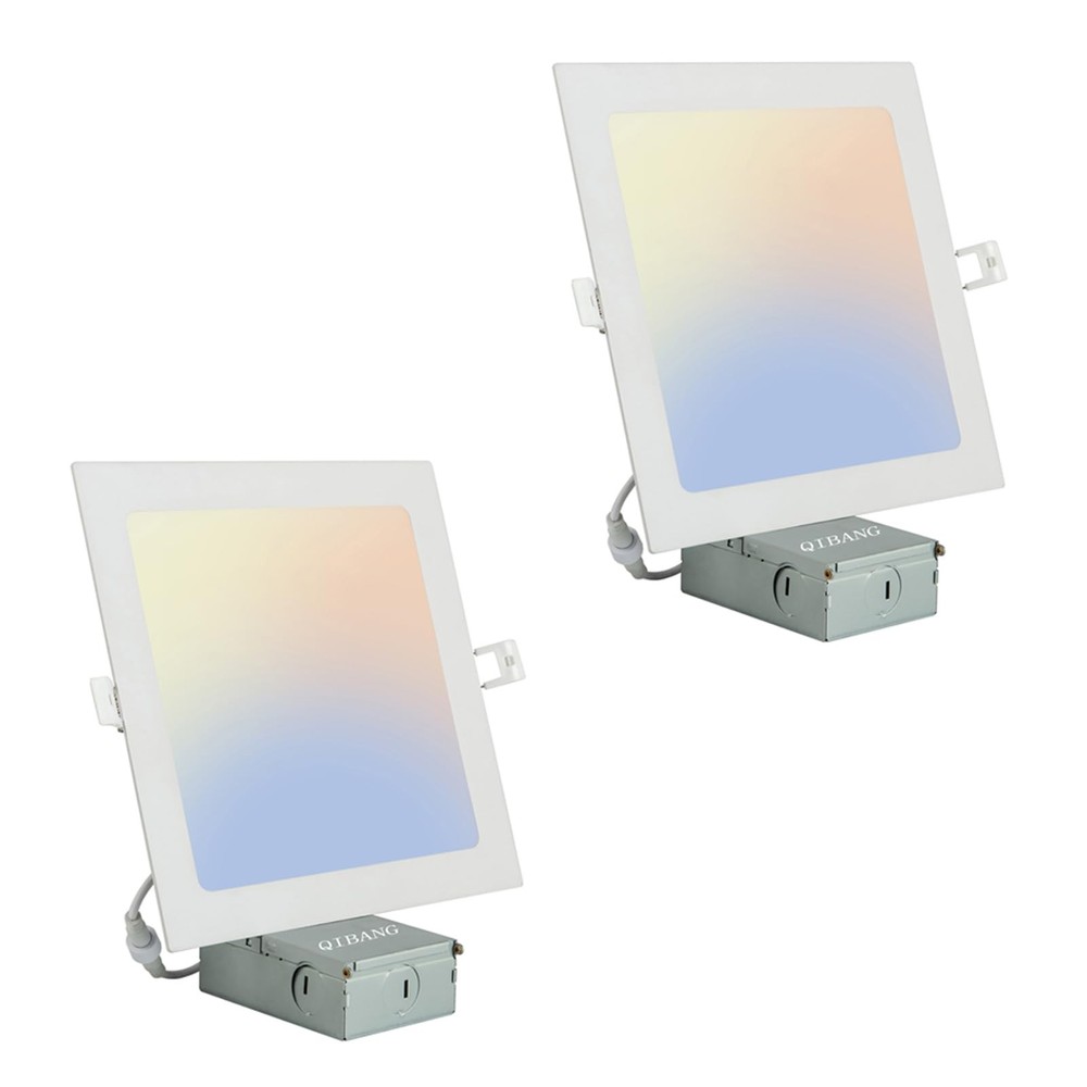 QIBANG 2 Pack Dimmable Square Recessed Lights 8 inch with Junction Box, 3CCT 600