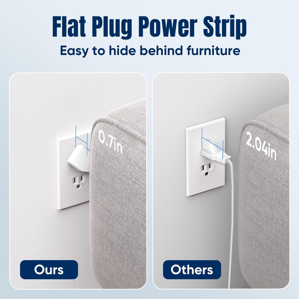 10 FT Flat Plug Surge Protector Power Strip11 Multiple AC Outlets with 6 USB ...