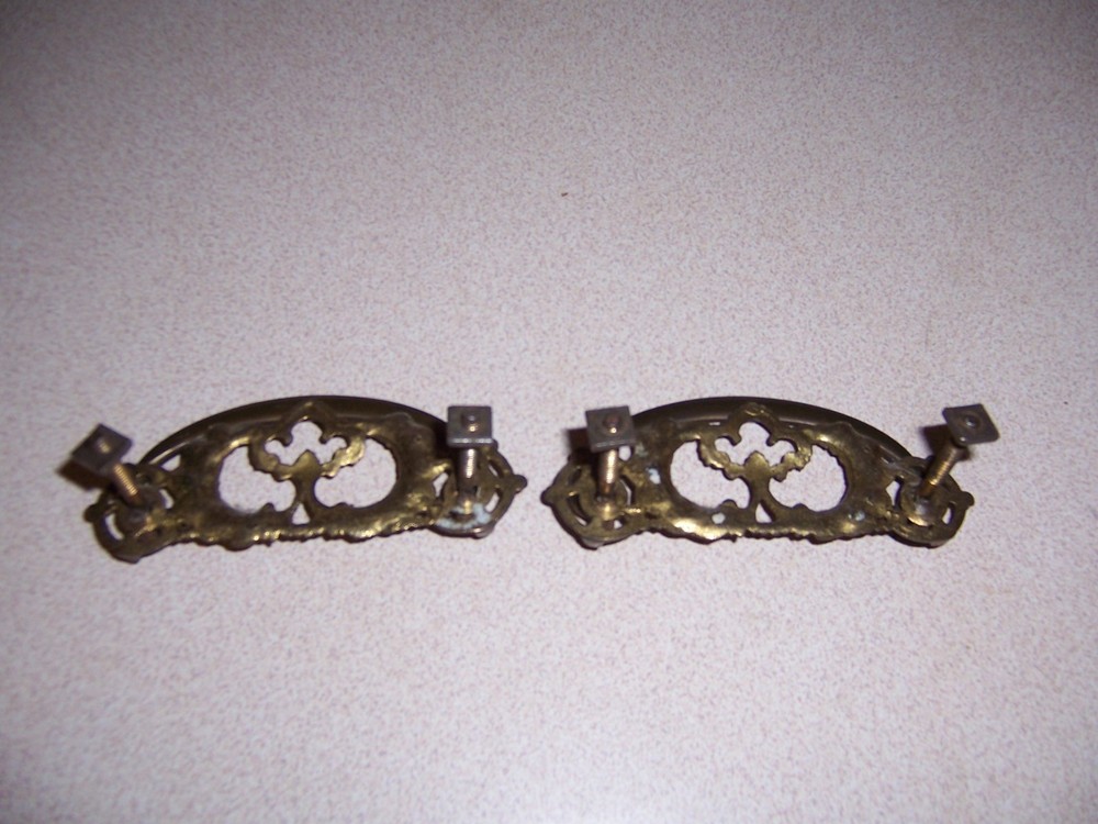 2 ANTIQUE ORNATE BRASS DRAWER PULLS