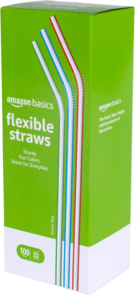 Amazon Basics Disposable Striped Plastic Flex Straws, Assorted Colors, 100 Count
