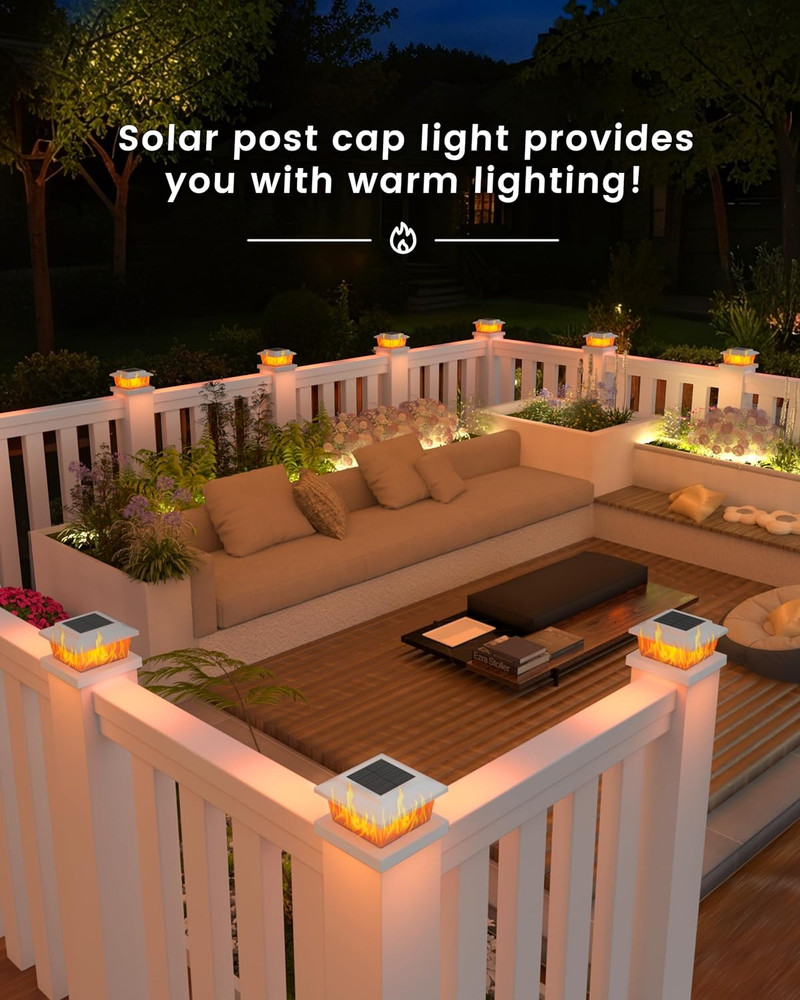 Solar Fence Post Cap Lights 6pack, White Solar Deck Cap Flame Light Outdoor