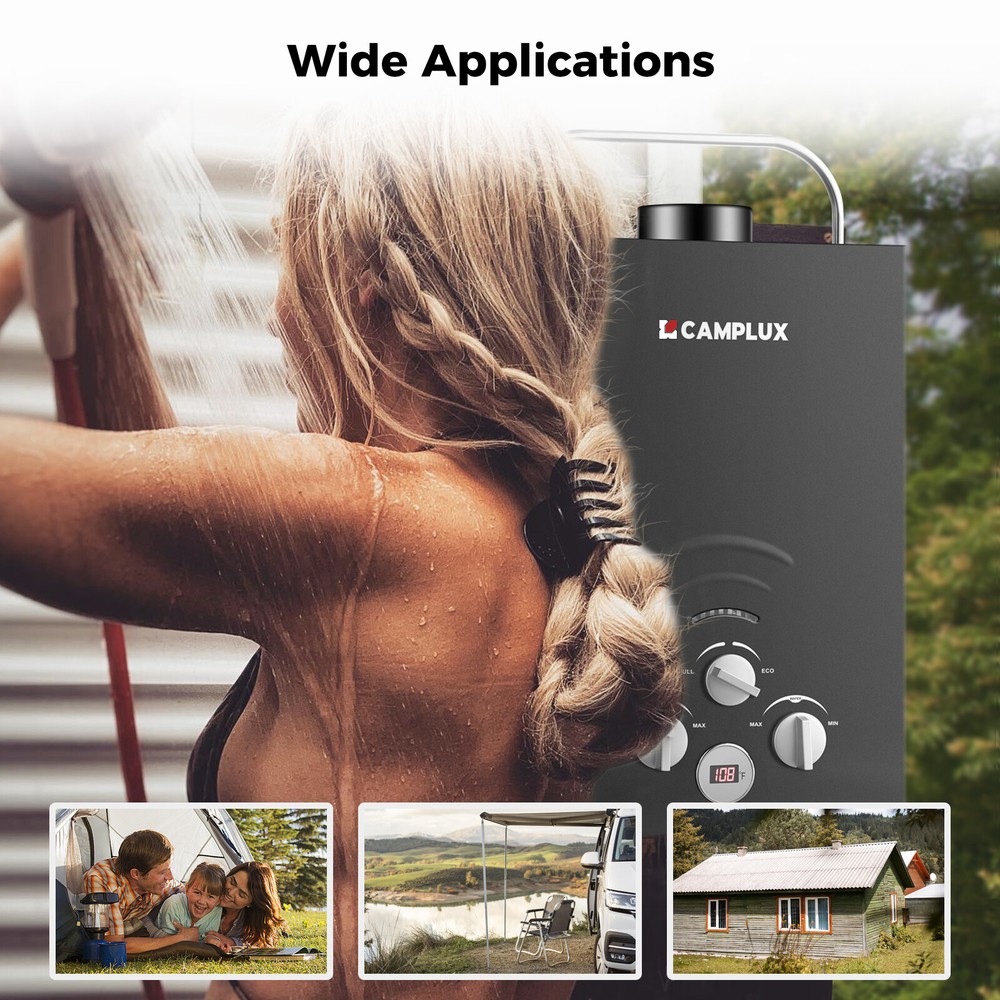 6L Portable Camplux Gas Water Heater 1.58 GPM Instant Hot Outdoor Shower Black