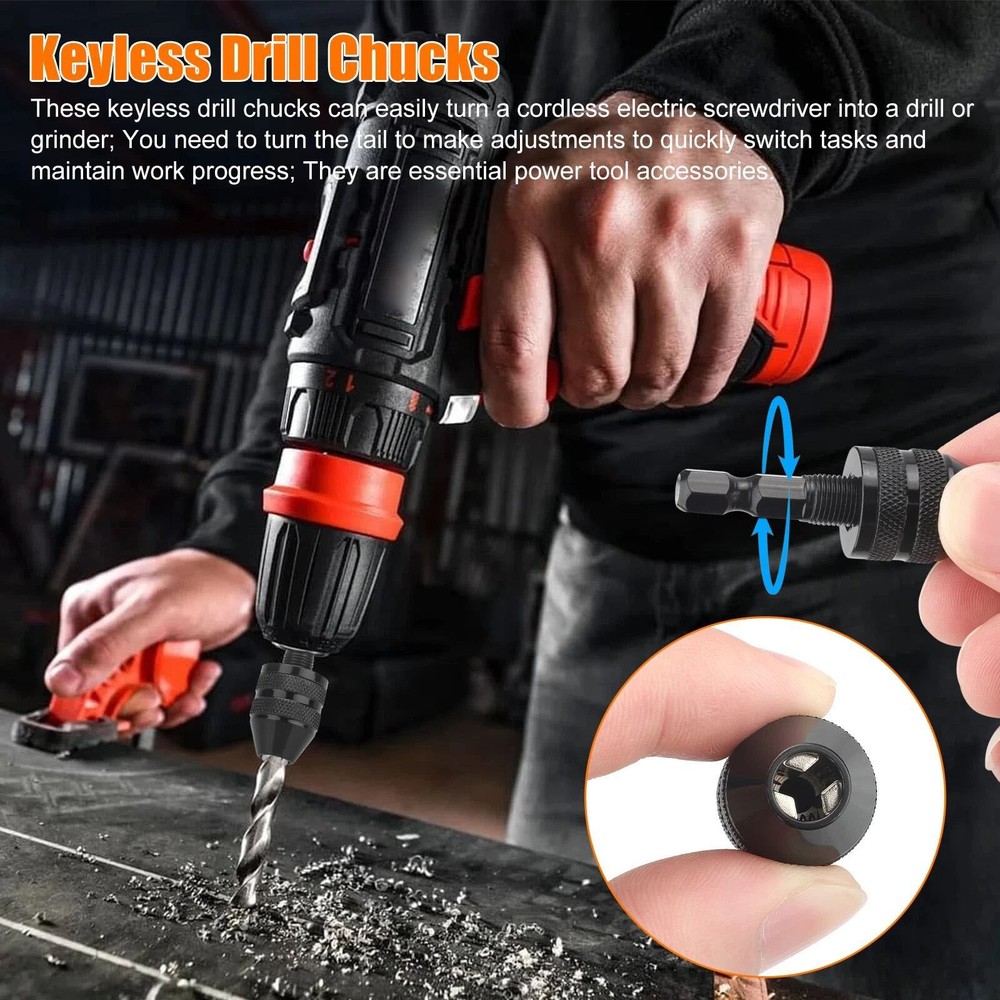 2x Keyless Drill Chuck Adapter 1/4" Hex Shank For Power Tools Maintenance Part