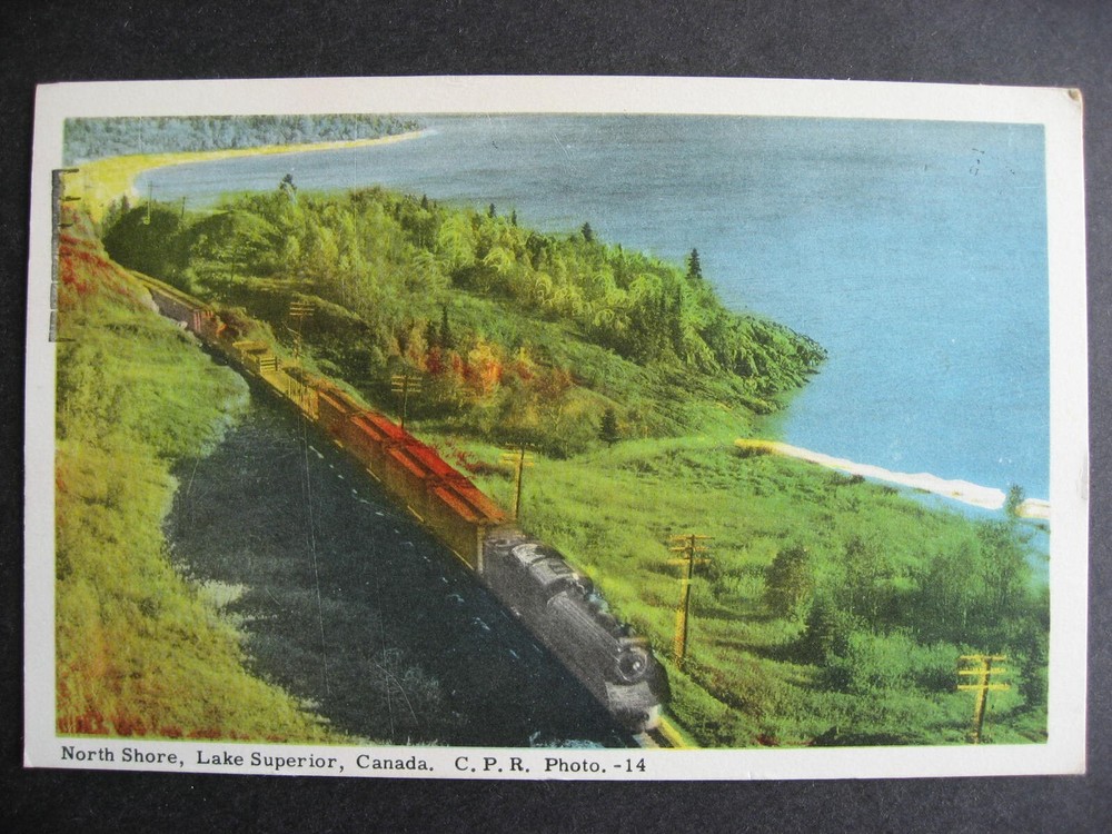 Canada postcard CPR train, North Shore Lake Superior check it out!