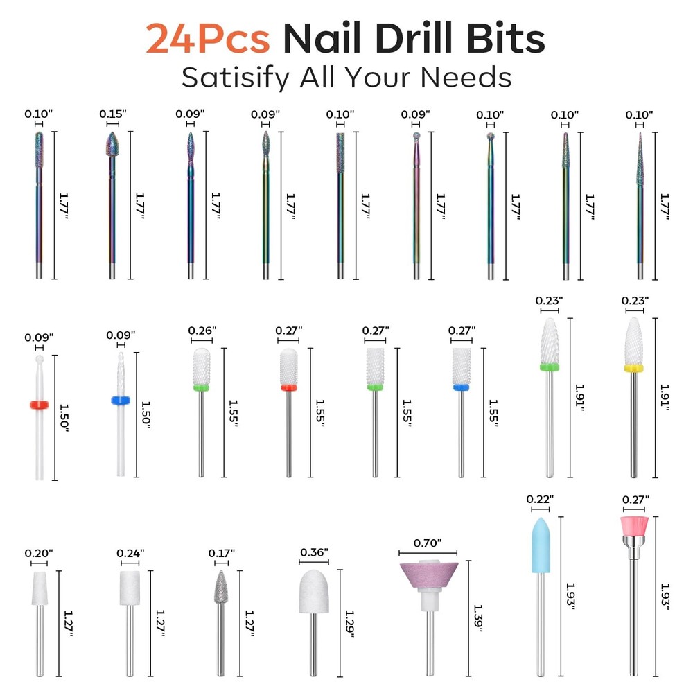 24 Pcs Nail Drill Bit Set, 3/32” Ceramic Diamond Carbide Nail Drill Bits, Acr...