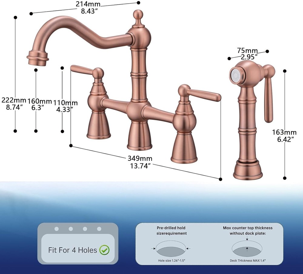 Solid Brass Copper Bridge Kitchen Faucet with Pull Down Sprayer,2 Handles 4 H...
