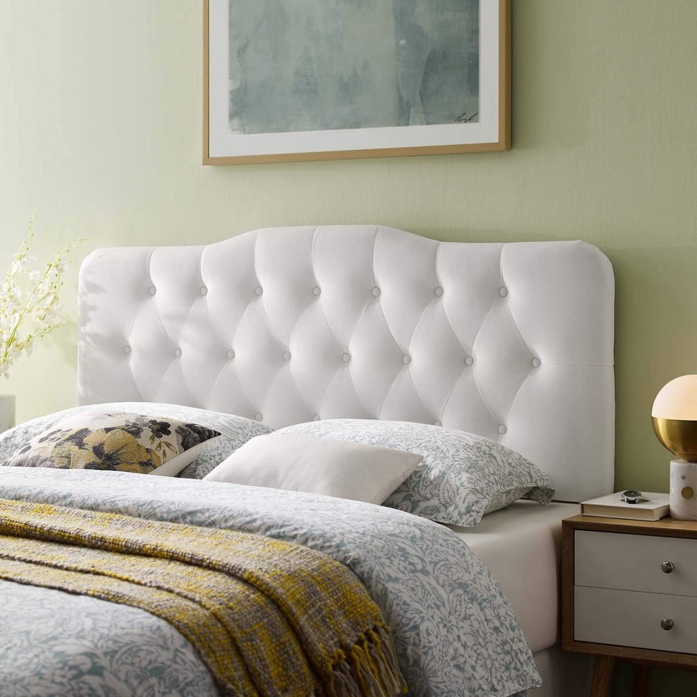 Annabel Velvet Full Headboard Adjustable Height Button Tufted White Upholstery