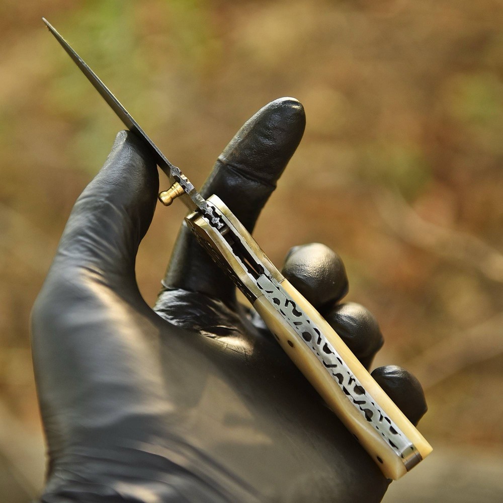 Handmade Damascus Folding Dagger Blade Pocket Knife Camel Bone - Double Edge