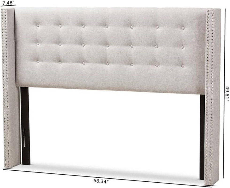 Queen Winged Panel Headboard, 66.34 in Wide, Grayish Beige Polyester Upholstery,