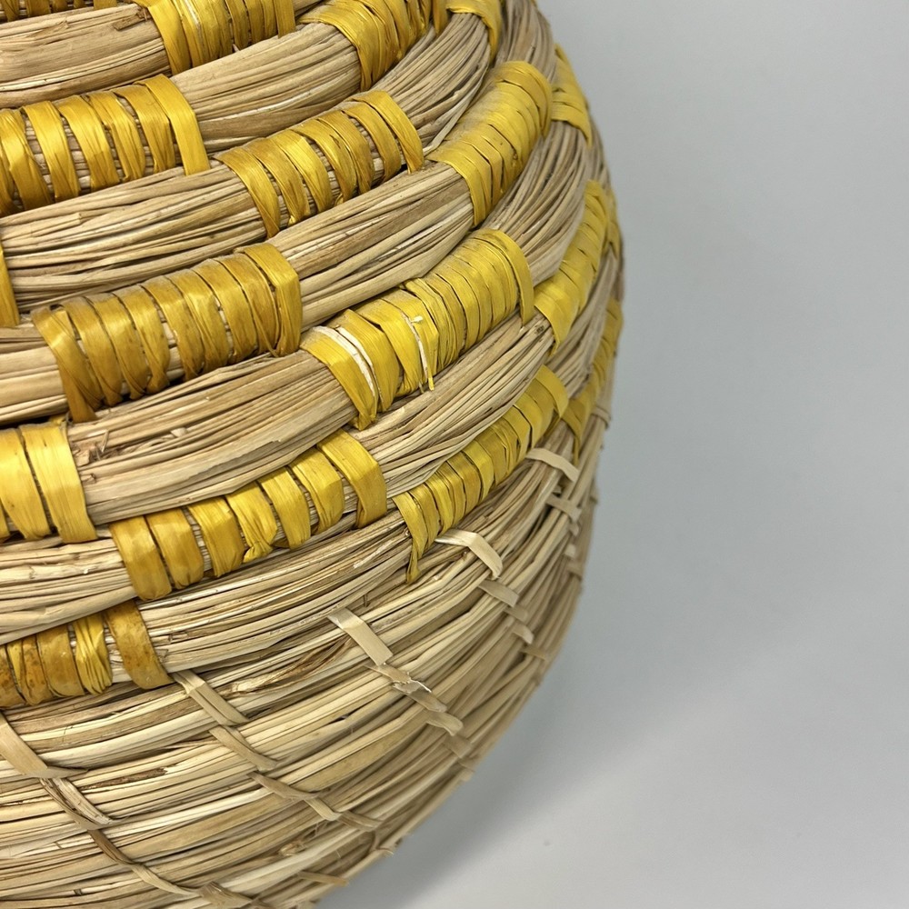 Wicker Coiled Bottleneck Vase 14.5” Floor Tabletop Boho Decor Yellow Stripe