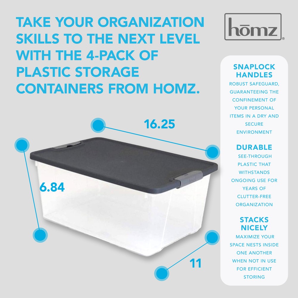 Homz 15 Qt Stackable Plastic Storage Container w/Snaplock Lid, Gray (4 Pack)