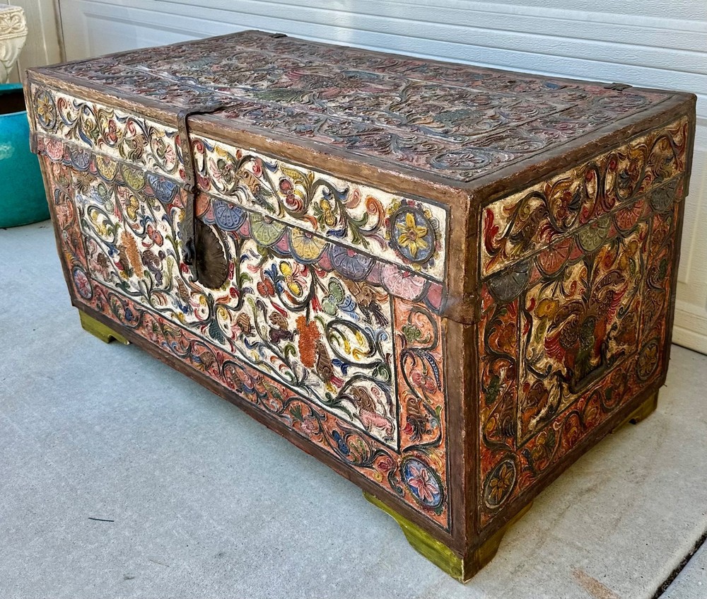 Museum-Quality 18th C.Peruvian Spanish Colonial Polychromed Leather Dowry Trunk