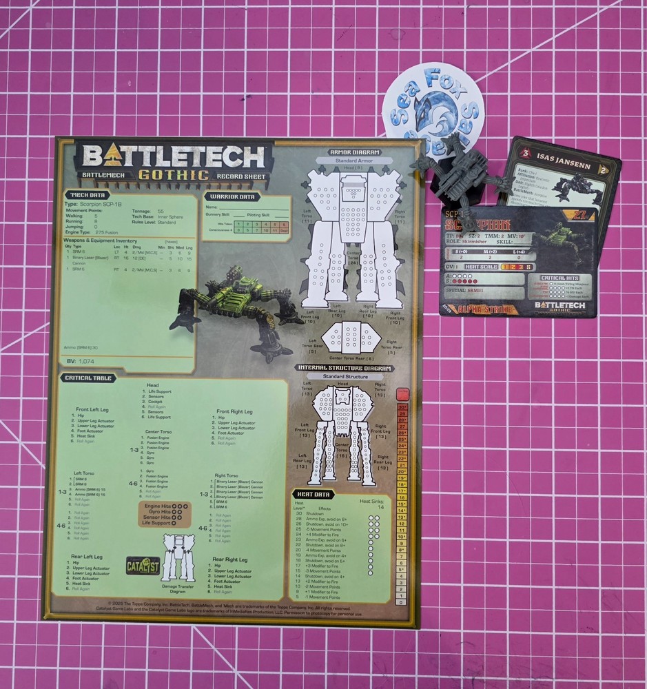 BattleTech GOTHIC - Scorpion + Laminated Record Sheet and AS Cards - NEW!