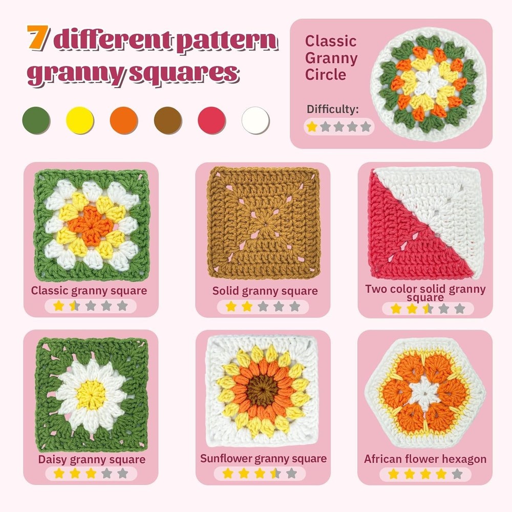 Crochet Kit for Advanced Beginners with Step-by-Step Video Tutorials, Granny Squ