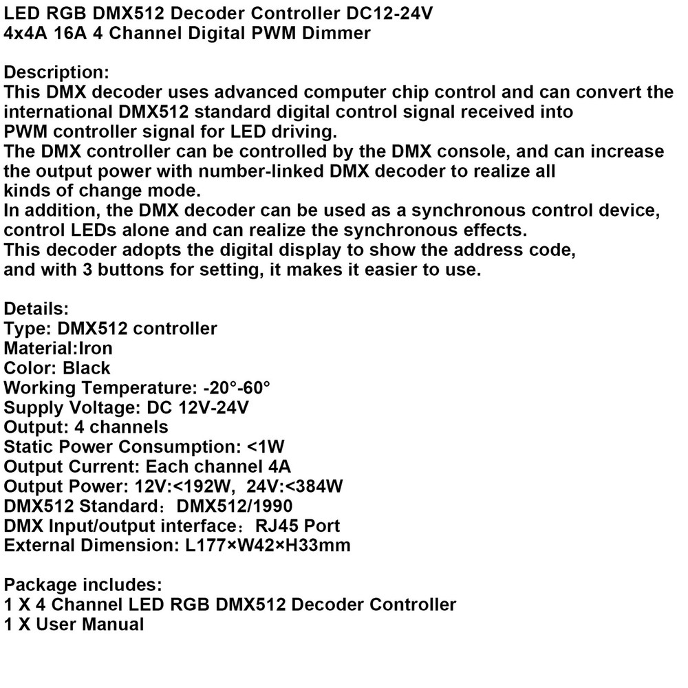 LED RGB DMX512 Decoder Controller DC12-24V 4x416Channel Digital PWM Dimmer Y B9