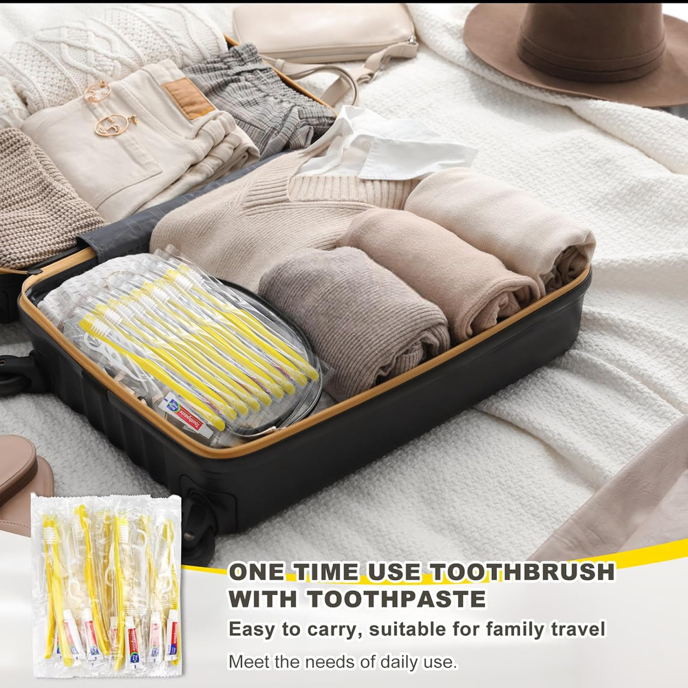 50 Pcs Disposable Toothbrushes with Toothpaste and Floss,Yellow Bulk Single Use