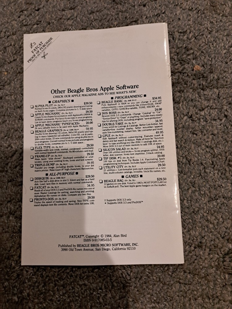 Beagle Bros Micro Software FatCat Apple Disk Library Program Alan Bird Manual