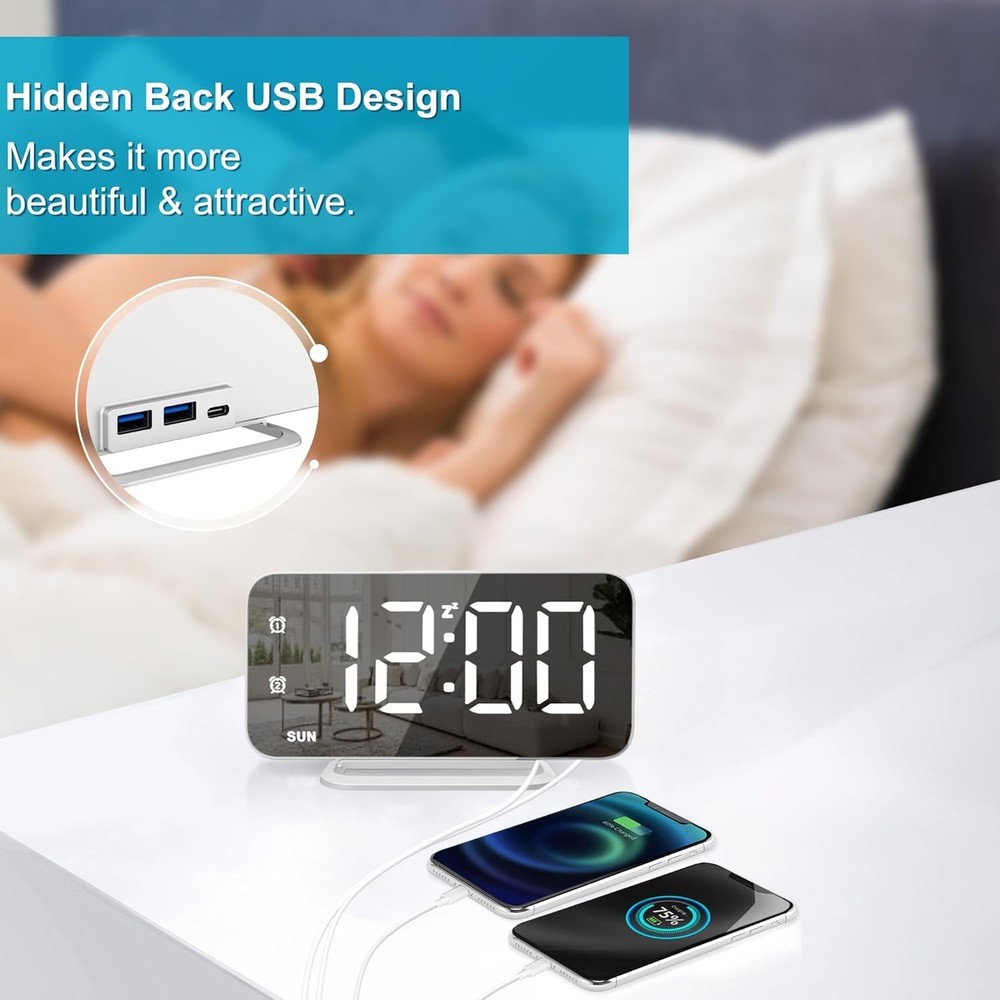 Slim LED Digital Alarm Clock, Mirror Surface for Makeup, with Diming, Large D...