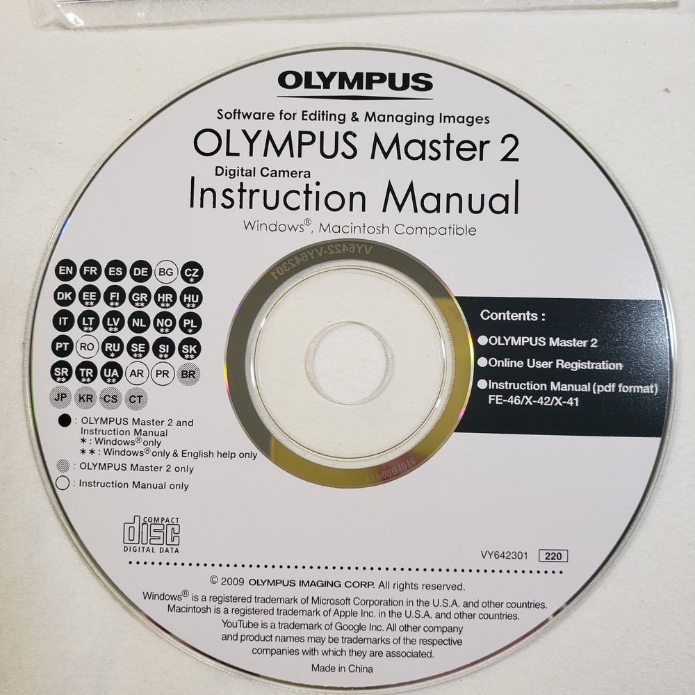 Olympus Master 2 Software Editing & Managing Images Windows Macintosh + AV Cable