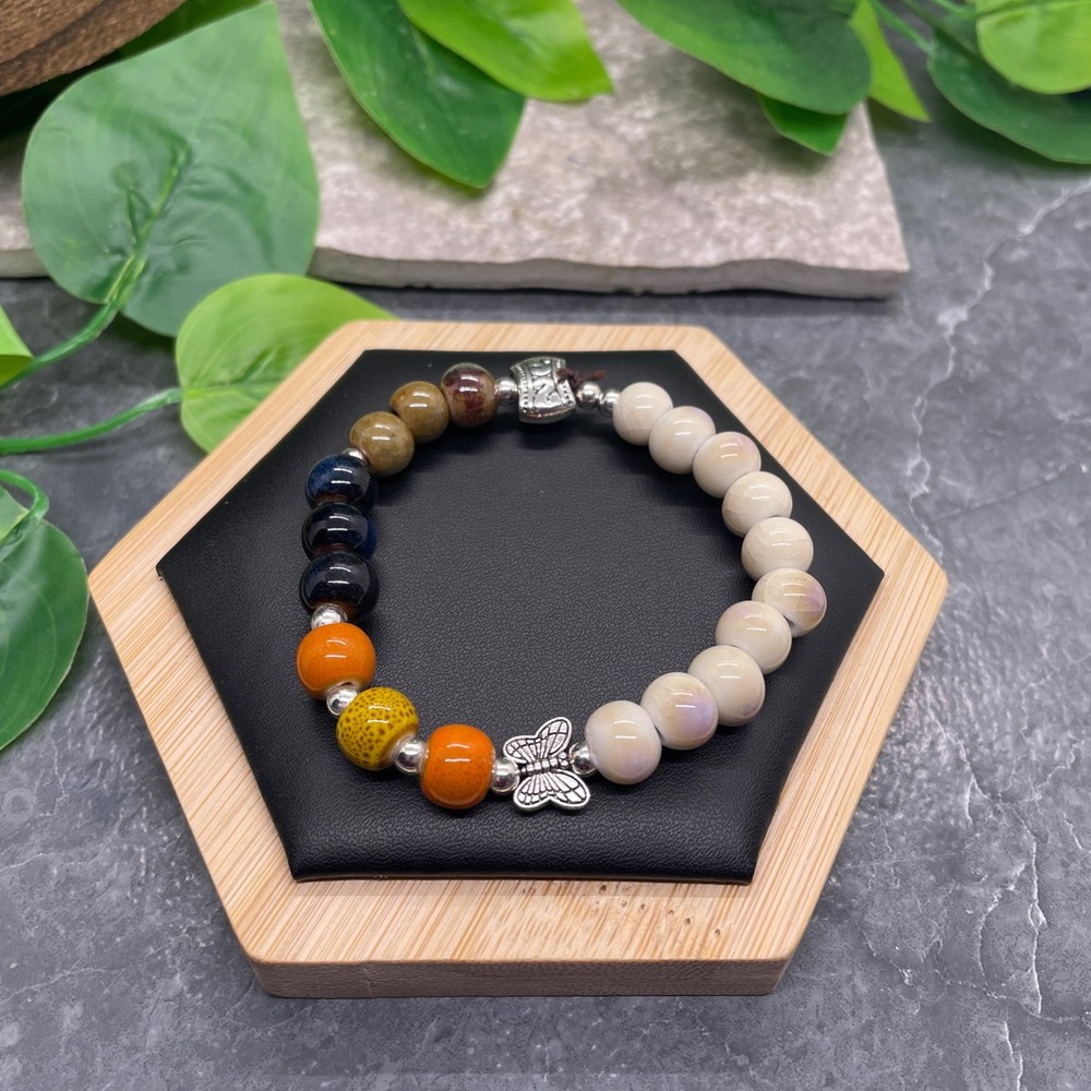 Handmade Ceramic Bead Beaded Stackable 6.5” Plus Stretch Bracelet New B606