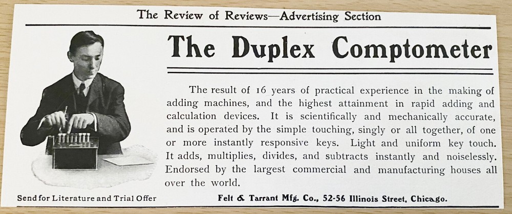 Antique 1905 DUPLEX COMPTOMETER Print Ad Felt&Tarrant Adding Machine Calculator